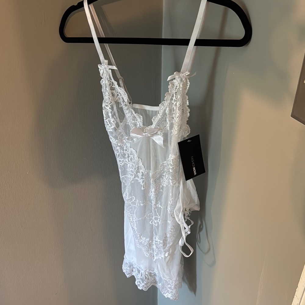 Fashion Nova Dreamgirl White Chemise with Lace and Mesh Elegance